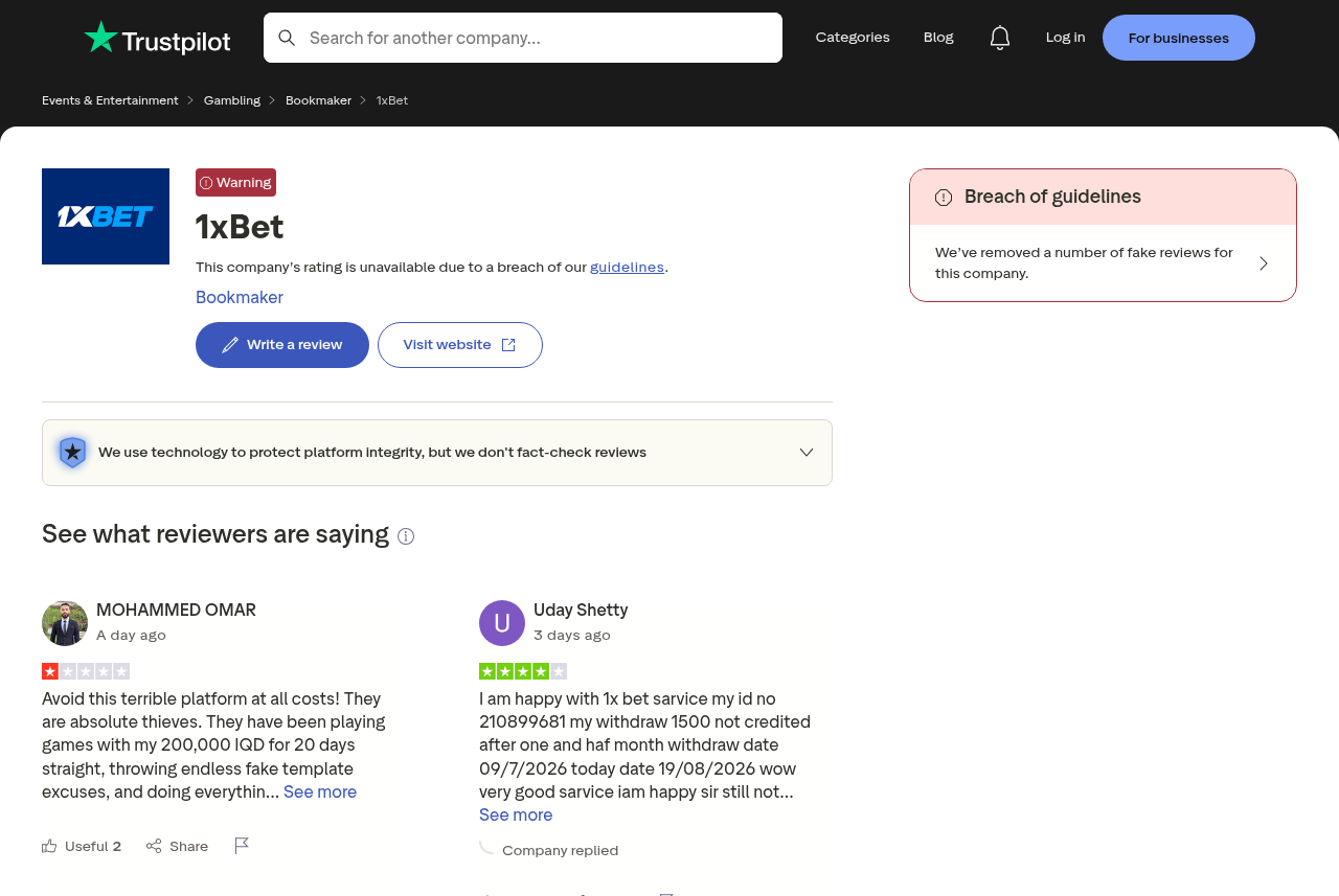 Captura suministrada de referencias independientes vinculadas con 1xBet