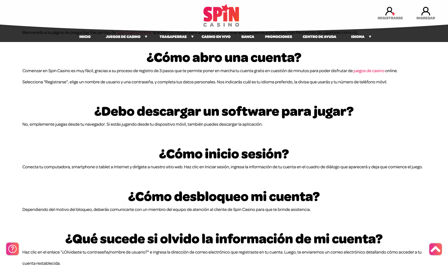 Captura pública de Spin Casino