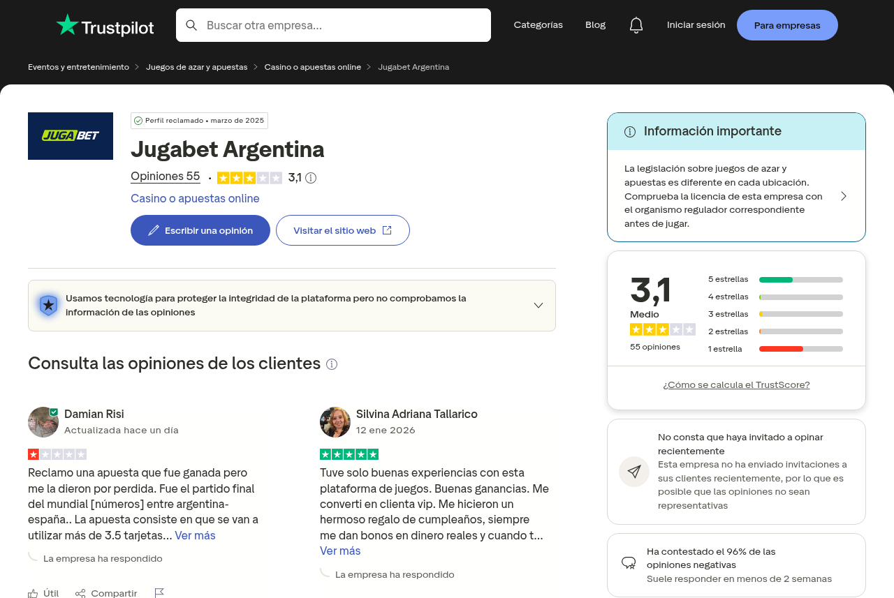 Captura de referencias independientes asociadas a una dirección regional de JugaBet